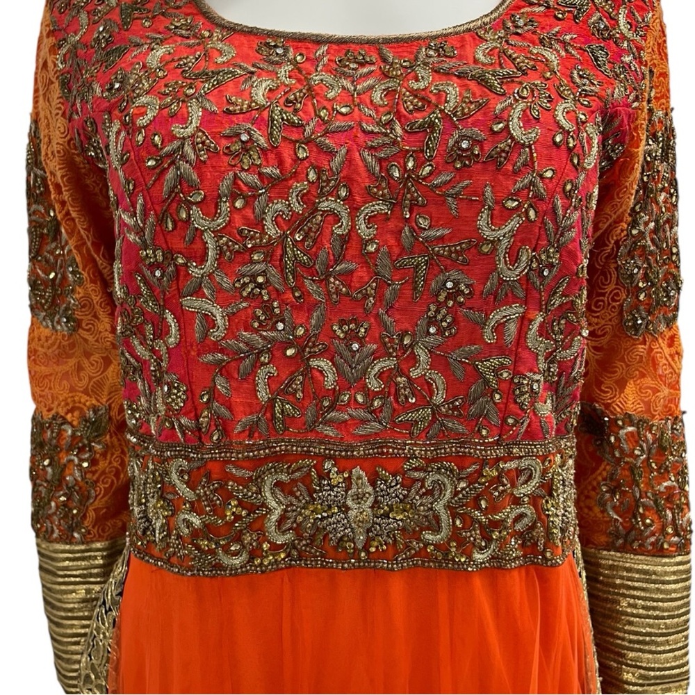 BOLLYWOOD FORMAL Beaded Ball Gown Women’s L Orange Full-Length Evening Dress - Picture 4 of 10